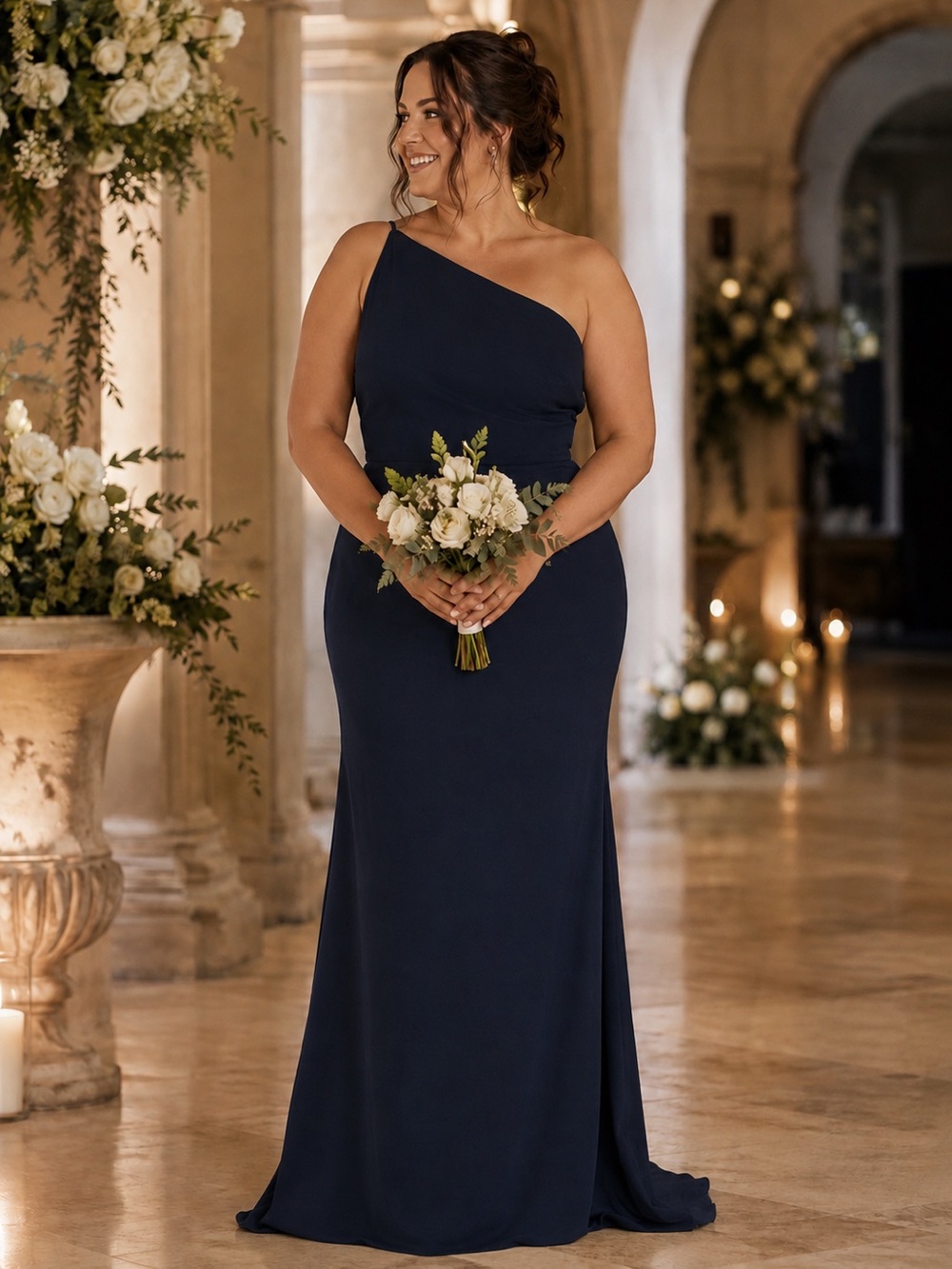 AMSALE One-Shoulder Navy Blue Evening Gown with Asymmetric Neckline 18 NEW